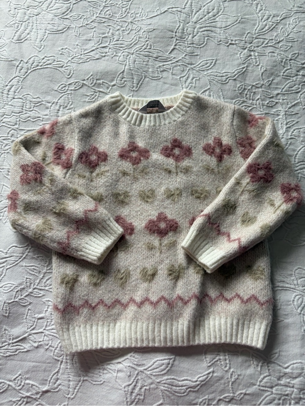 Cozy Cream Floral Pattern Crewneck Sweater girls 3-4t